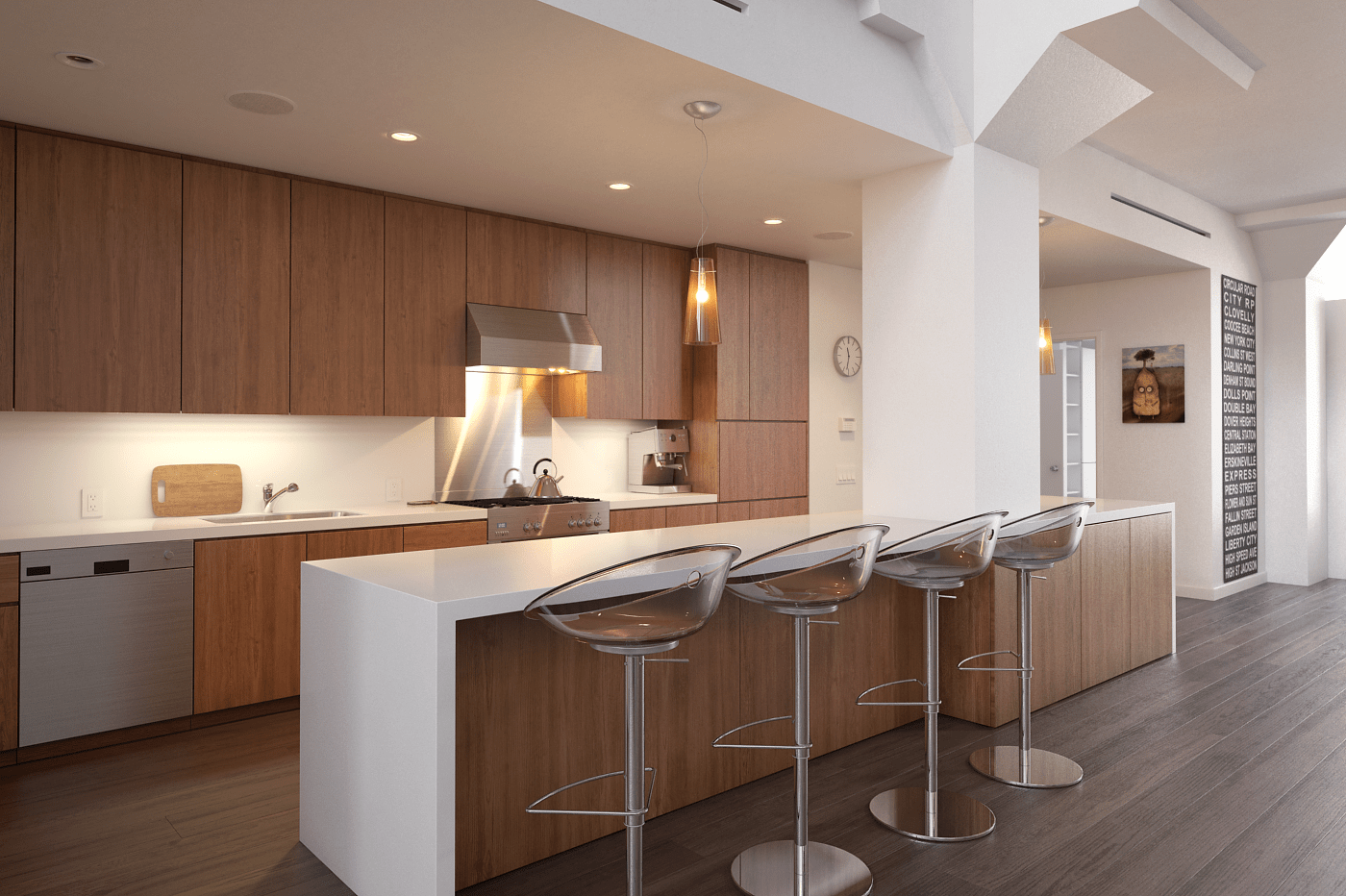 Bếp gỗ ấm kết hợp bàn bar nhỏ-min